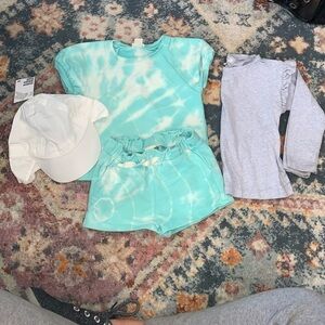 Crewcuts & H&M Tie Dye Short Set Blue Ruffle Long Sleeve Top and NEW Sun hat
